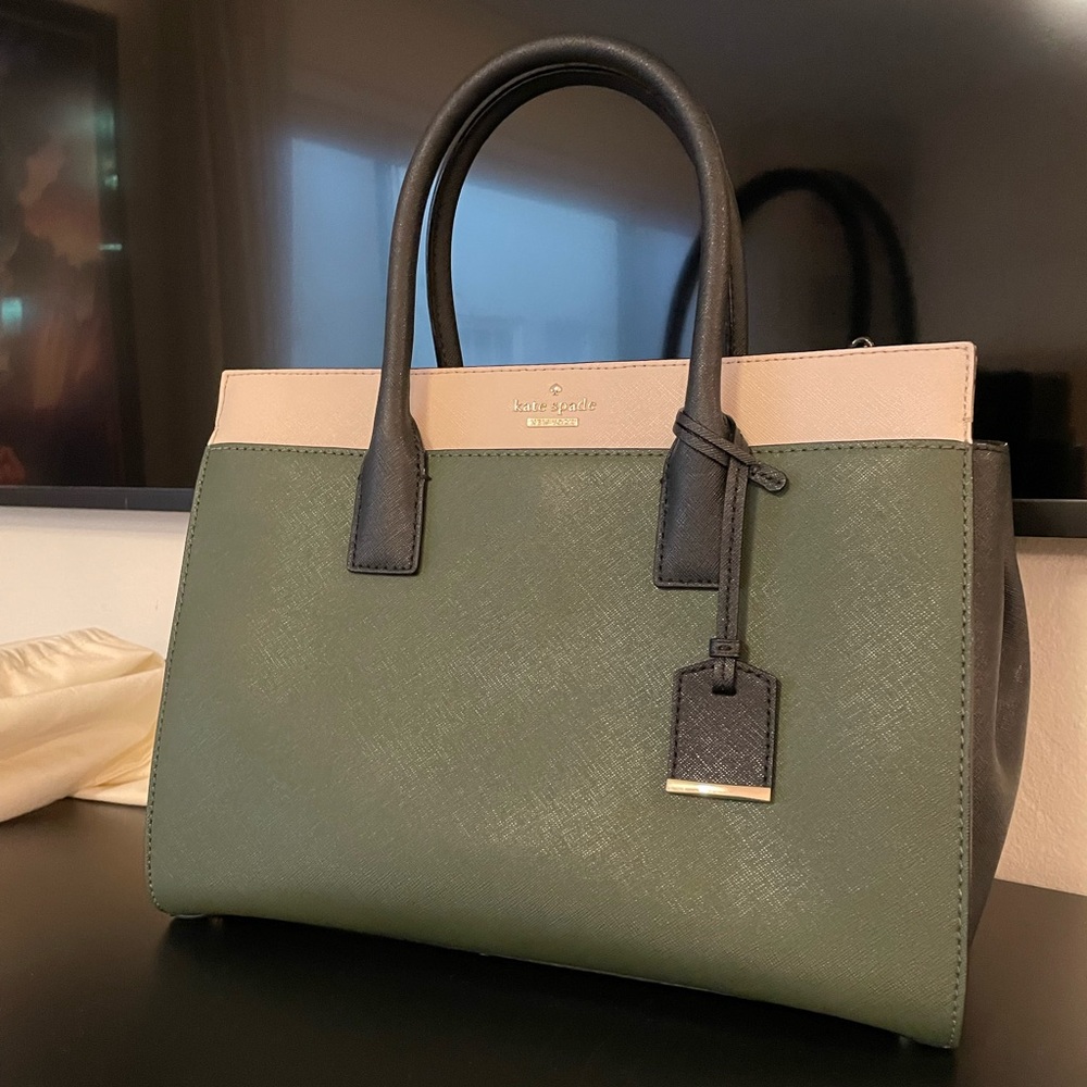 Kate Spade Medium Satchel Purse in Olive, Tan, and Black.